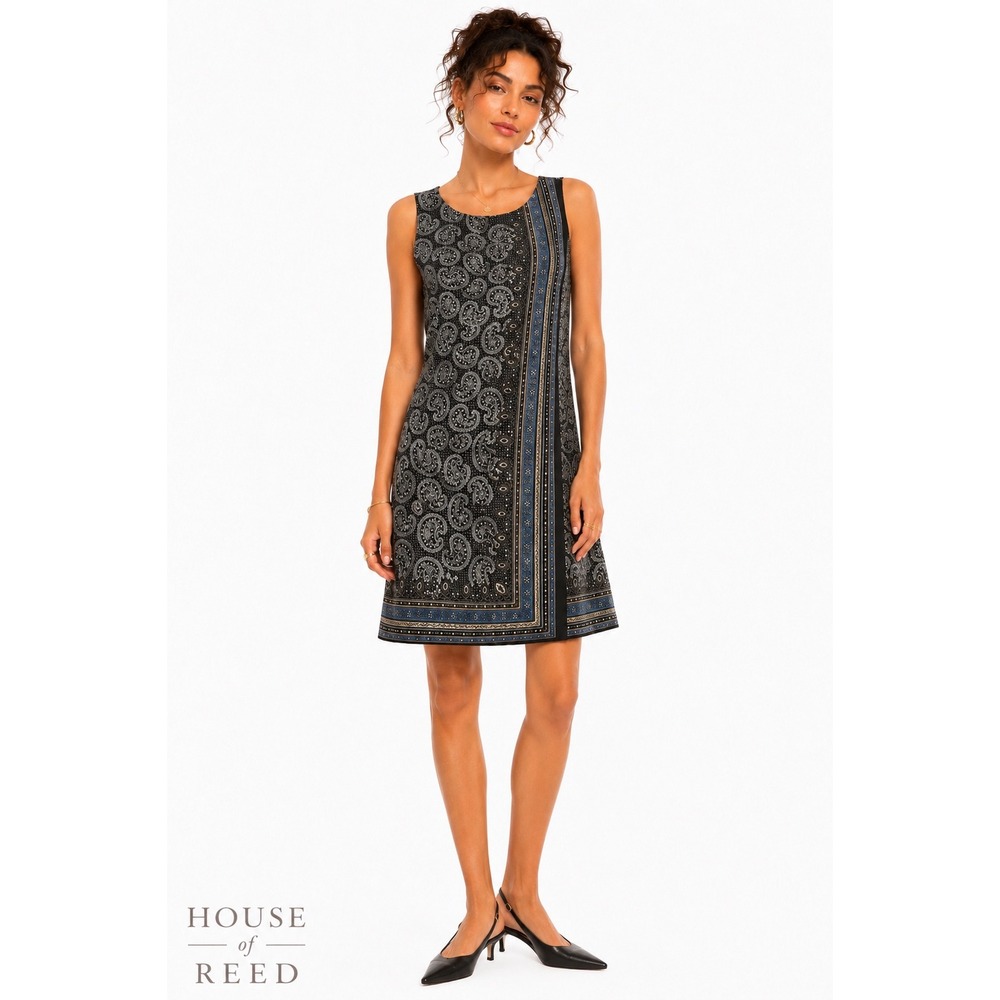 Max Studio Womens Paisley Shift Dress Black Blue Sleeveless Knee Length XS NEW